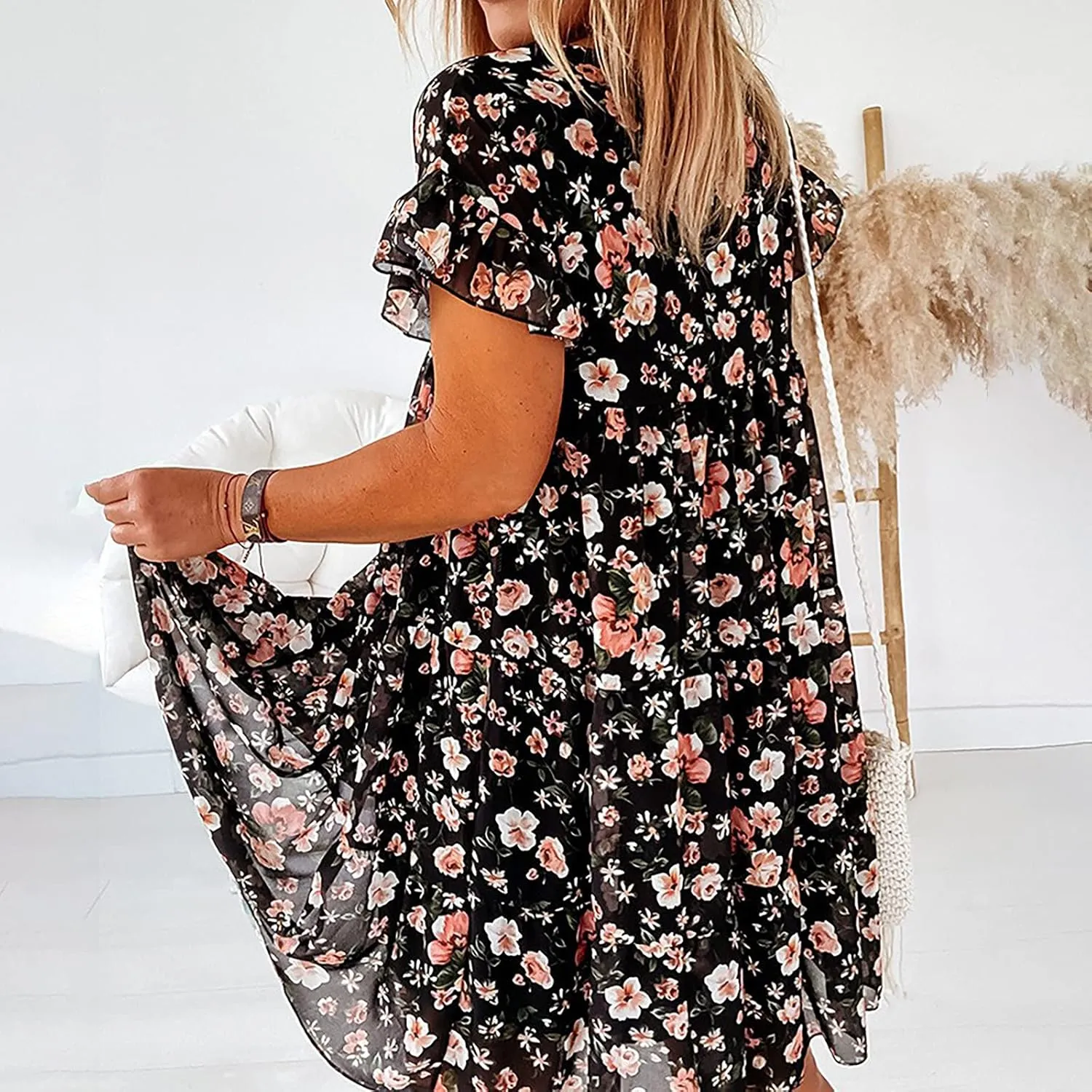 Short Sleeve Summer Dresses for Women 2025 Vacation Beach Floral Ruffles Boho Sundresses Loose Fit Crewneck Mini Dress