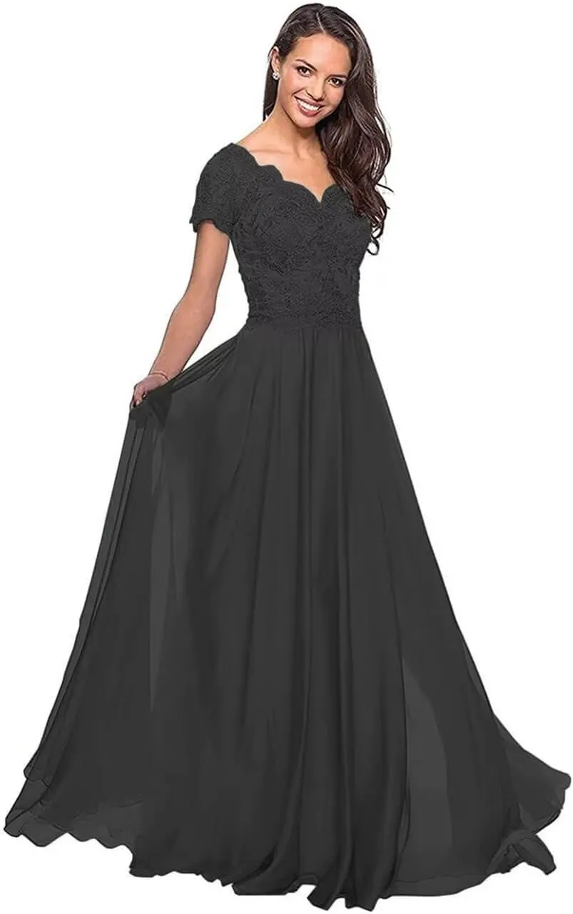 Short Sleeves Mother of The Bride Dresses V-Neck Laces Formal Evening Gowns for Women A-line Mother of The Groom Dress
