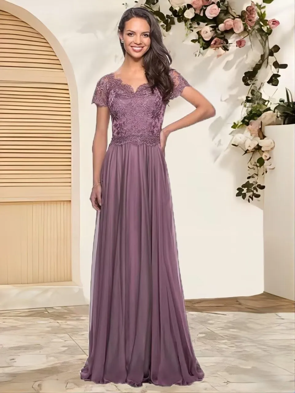 Short Sleeves Mother of The Bride Dresses V-Neck Laces Formal Evening Gowns for Women A-line Mother of The Groom Dress