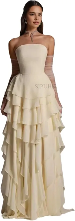 SIPUHK Strapless Bridesmaid Dresses for Wedding Ruffle Tiered Chiffon Prom Dress Long Formal Evening Gowns for Women