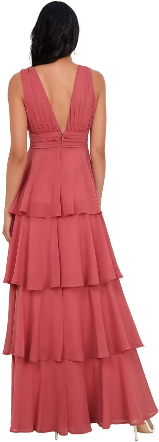 Sleeveless Bridemaid Dresses for Women V Neck Chiffon A Line Tiered Layered Long Formal Evening Gowns LOPR004
