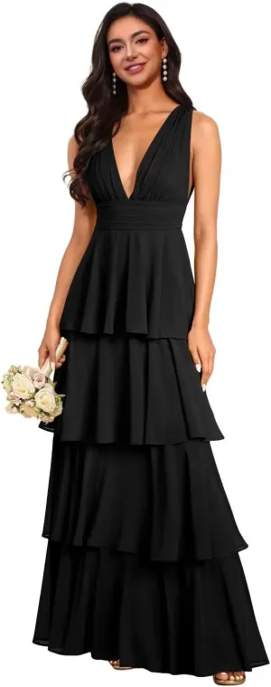 Sleeveless Bridemaid Dresses for Women V Neck Chiffon A Line Tiered Layered Long Formal Evening Gowns LOPR004