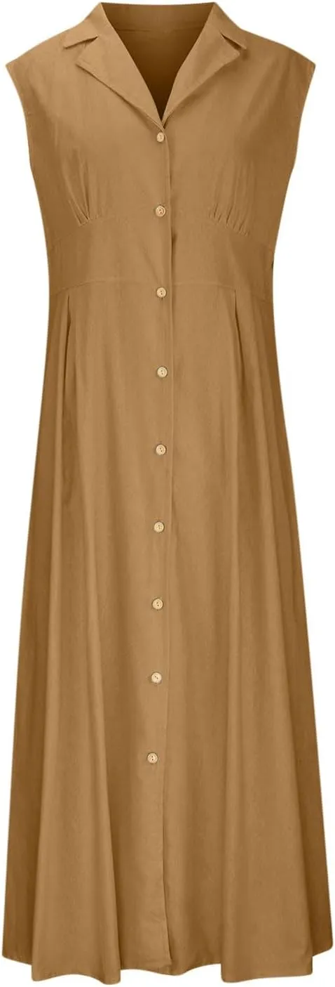 Sleeveless Dresses for Women Full Button Down Collared Cotton Linen Long Dresses Flowy Pleated Business Work Dress