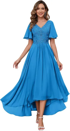 SOLODISH Lace Applique Mother of The Bride Dresses for Wedding Tea Length Formal Evening Party Gown