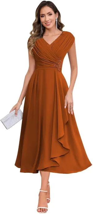 SOLODISH Mother of The Bride Dresses for Wedding Tea Length Chiffon A Line Formal Wedding Guest Party Gown