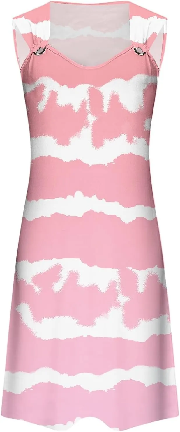 Spring Dresses for Women 2025 Mini Sun Dress Casual Floral Sundress Sleeveless Tank Crewneck Coverup Mini Dress