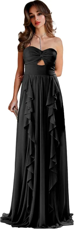 Strapless Bridesmaid Dresses for Wedding Chiffon Formal Dress Ruffles Long Evening Gown