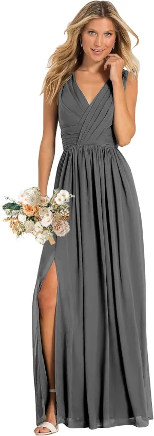 Sukleet Women's V Neck Bridesmaid Dresses for Wedding Split A Line Long Formal Dresses with Pockets