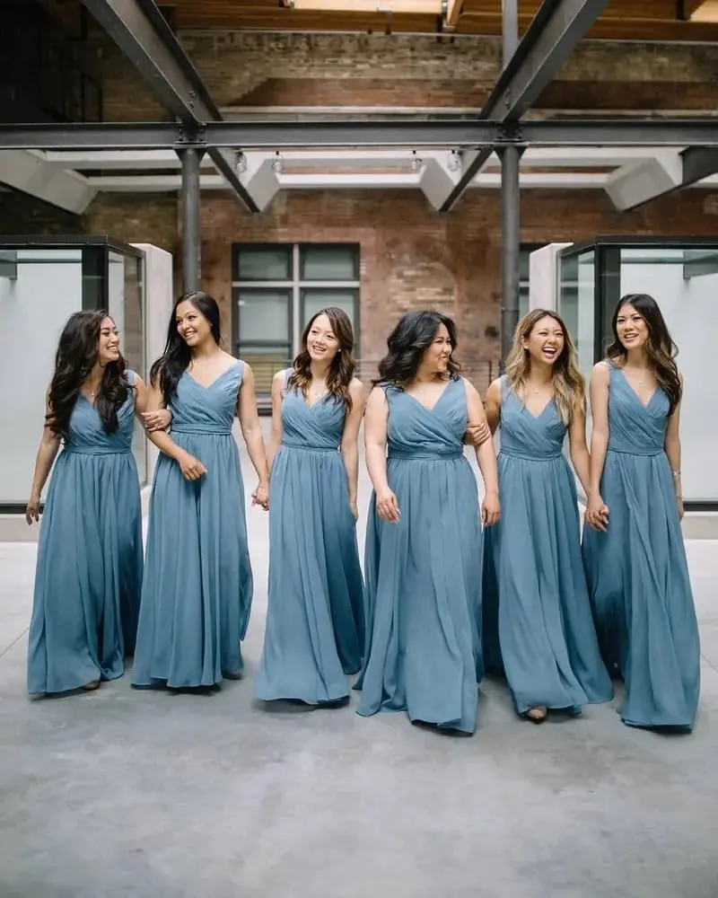 Sukleet Women's V Neck Bridesmaid Dresses for Wedding Split A Line Long Formal Dresses with Pockets
