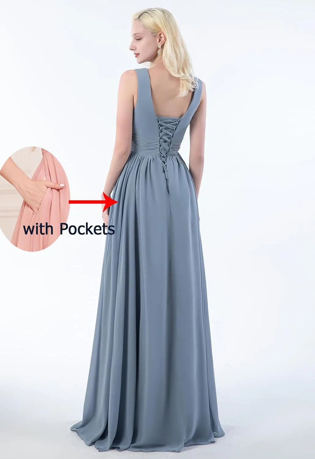 Sukleet Women's V Neck Bridesmaid Dresses for Wedding Split A Line Long Formal Dresses with Pockets
