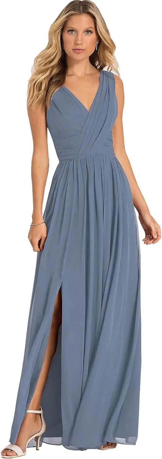 Sukleet Women's V Neck Bridesmaid Dresses for Wedding Split A Line Long Formal Dresses with Pockets
