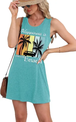Summer Beach Sun Dresses for Women Vacation Outfits Happy Palm Graphic Casual Sundresses Mint Green XXL