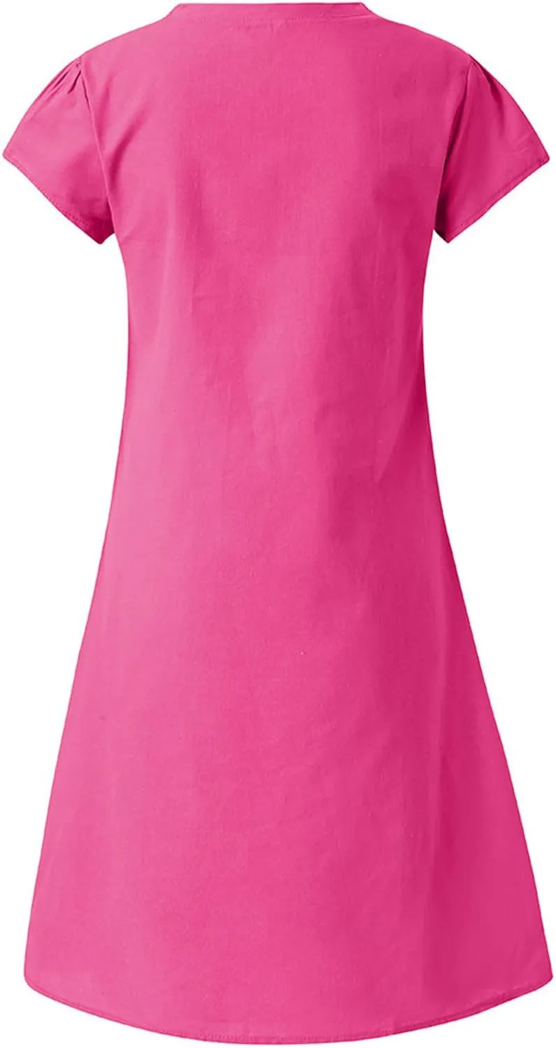 Summer Cotton Linen Dress for Women 2024 Casual Short Sleeve Knee Length Dresses Loose Vintage A Line Sundress