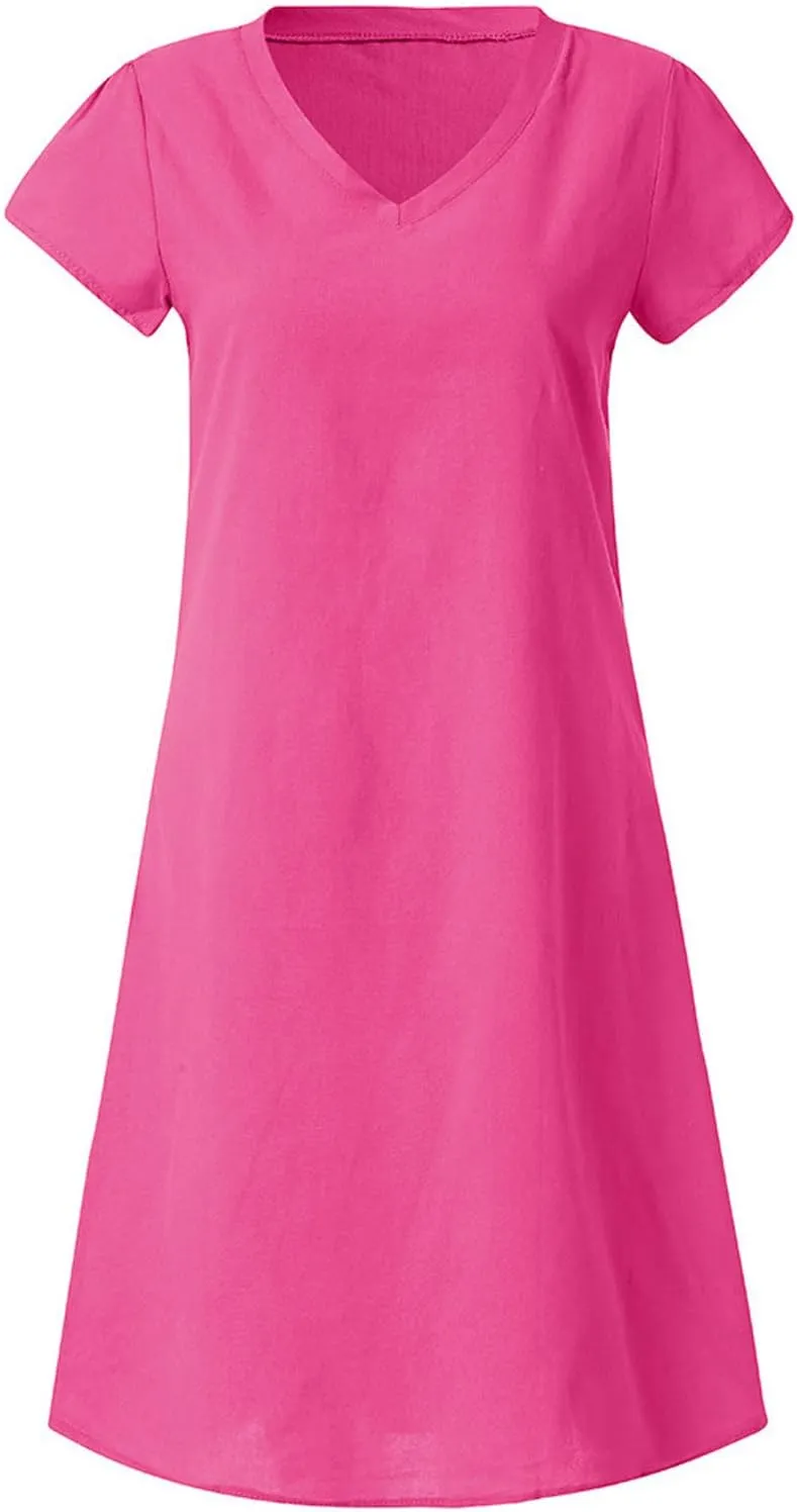 Summer Cotton Linen Dress for Women 2024 Casual Short Sleeve Knee Length Dresses Loose Vintage A Line Sundress