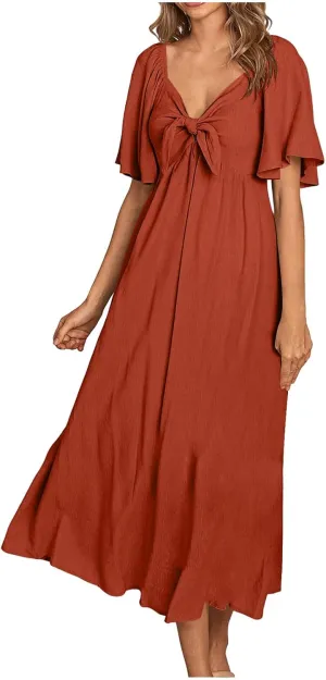 Summer Dress for Women 2024 Casual Short Sleeve Front Bow Tie V Neck Ruffle Midi Flowy Dresses Trendy Smocked Back Dress