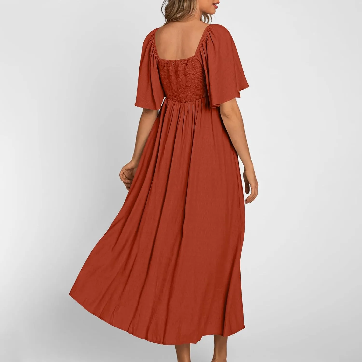 Summer Dress for Women 2024 Casual Short Sleeve Front Bow Tie V Neck Ruffle Midi Flowy Dresses Trendy Smocked Back Dress