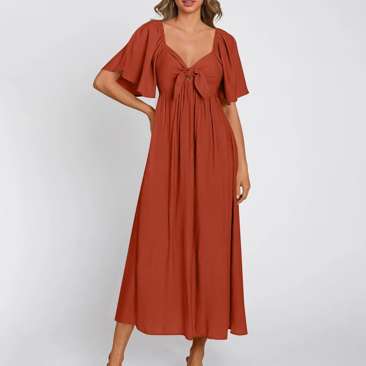 Summer Dress for Women 2024 Casual Short Sleeve Front Bow Tie V Neck Ruffle Midi Flowy Dresses Trendy Smocked Back Dress