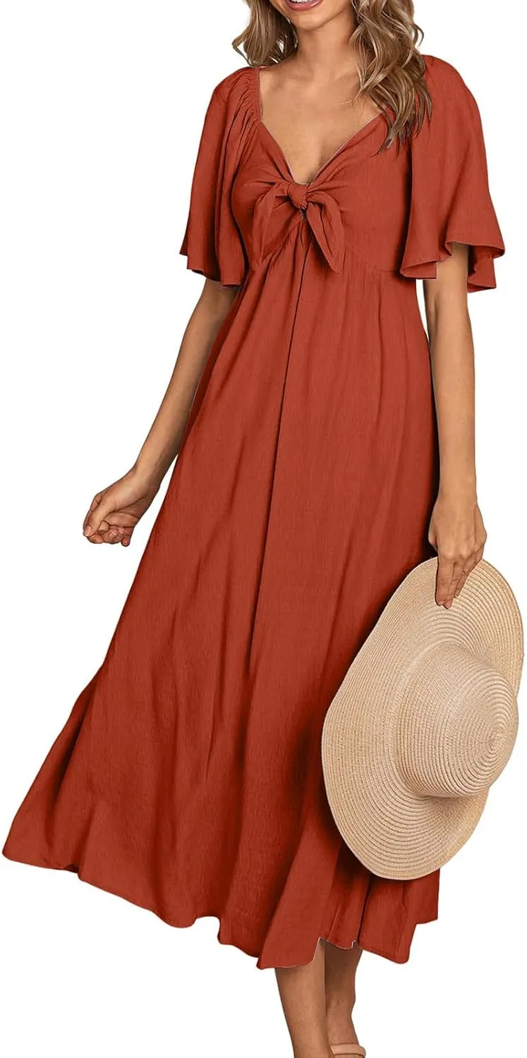 Summer Dress for Women 2024 Casual Short Sleeve Front Bow Tie V Neck Ruffle Midi Flowy Dresses Trendy Smocked Back Dress
