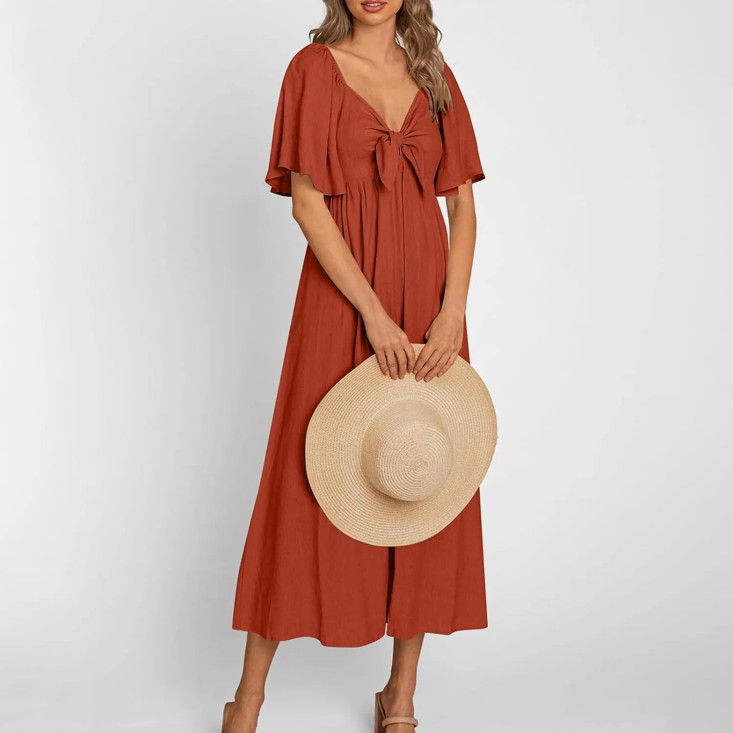 Summer Dress for Women 2024 Casual Short Sleeve Front Bow Tie V Neck Ruffle Midi Flowy Dresses Trendy Smocked Back Dress