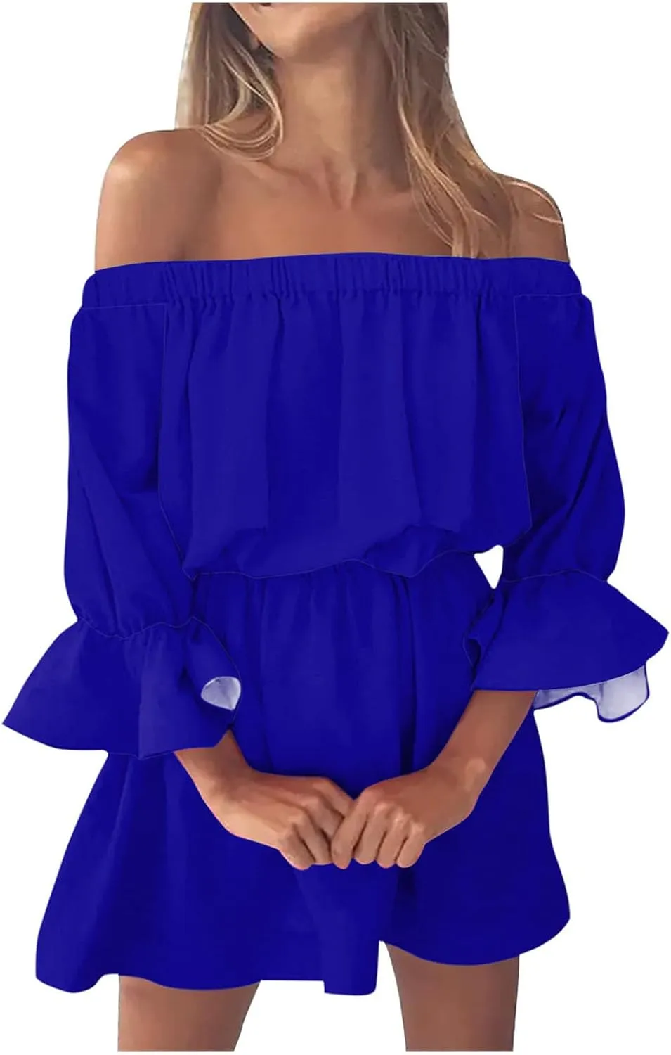 Summer Dresses for Women 2024 Off The Shoulder Ruffle Mini Dress Elastic Waist Long Sleeve Swing Boho Sun Dress