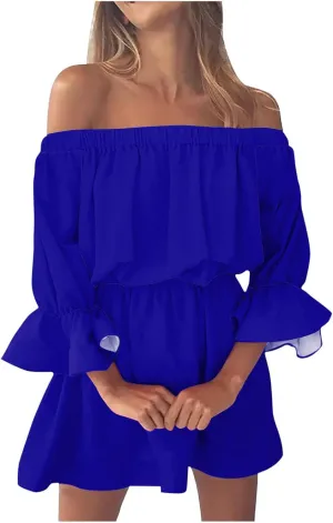 Summer Dresses for Women 2024 Off The Shoulder Ruffle Mini Dress Elastic Waist Long Sleeve Swing Boho Sun Dress
