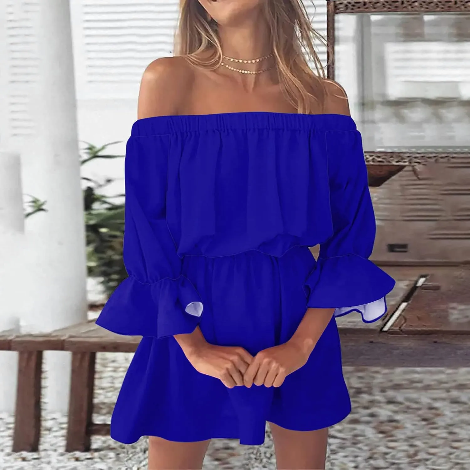 Summer Dresses for Women 2024 Off The Shoulder Ruffle Mini Dress Elastic Waist Long Sleeve Swing Boho Sun Dress