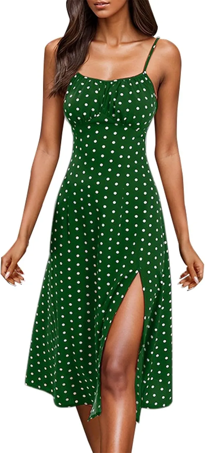 Summer Dresses for Women 2025 Polka Dot Dress Midi Dress Spaghetti Strap Slit Sundress Beach Vacation Clothes