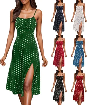 Summer Dresses for Women 2025 Polka Dot Dress Midi Dress Spaghetti Strap Slit Sundress Beach Vacation Clothes