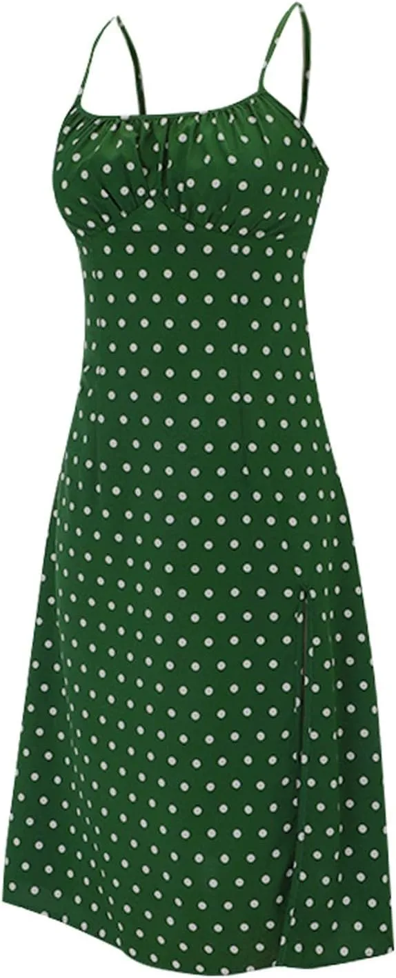 Summer Dresses for Women 2025 Polka Dot Dress Midi Dress Spaghetti Strap Slit Sundress Beach Vacation Clothes
