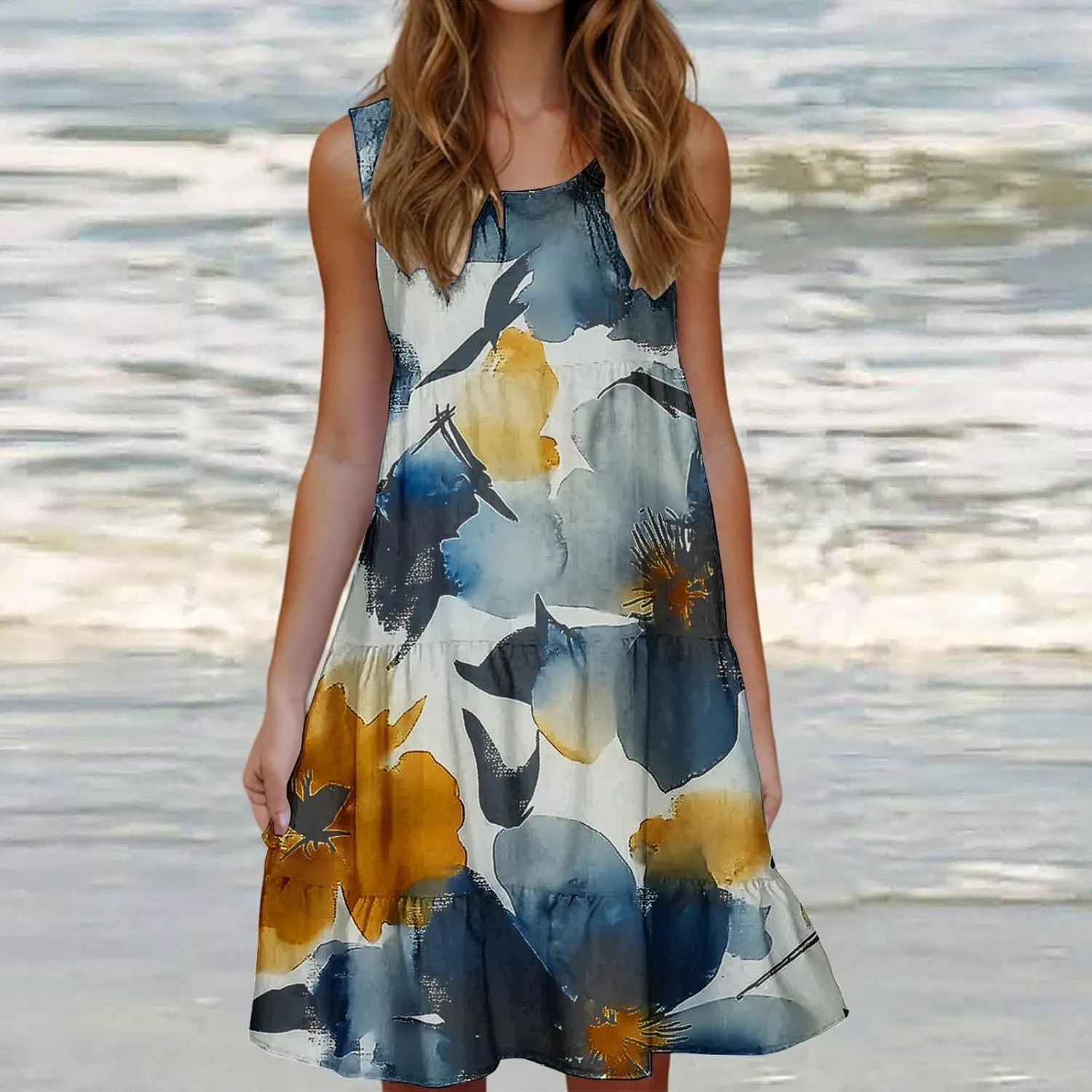 Summer Tank Dresses for Women Ruffle Tiered Loose Casual A Line Beach Dress Sleeveless Floral Print Boho Sundress