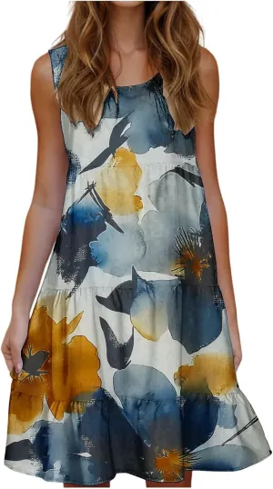 Summer Tank Dresses for Women Ruffle Tiered Loose Casual A Line Beach Dress Sleeveless Floral Print Boho Sundress