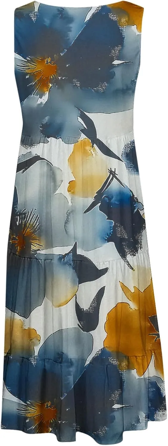 Summer Tank Dresses for Women Ruffle Tiered Loose Casual A Line Beach Dress Sleeveless Floral Print Boho Sundress