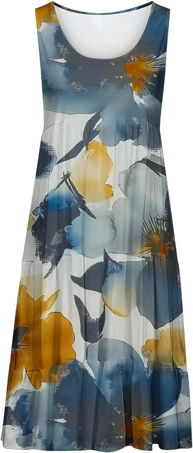 Summer Tank Dresses for Women Ruffle Tiered Loose Casual A Line Beach Dress Sleeveless Floral Print Boho Sundress