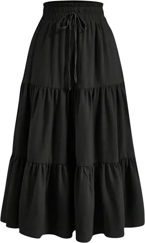 Tiered Maxi Skirts for Women Comfy Long Skorts Elastic High Waisted Ruffle Hem Flowy Swing Summer Cover Ups