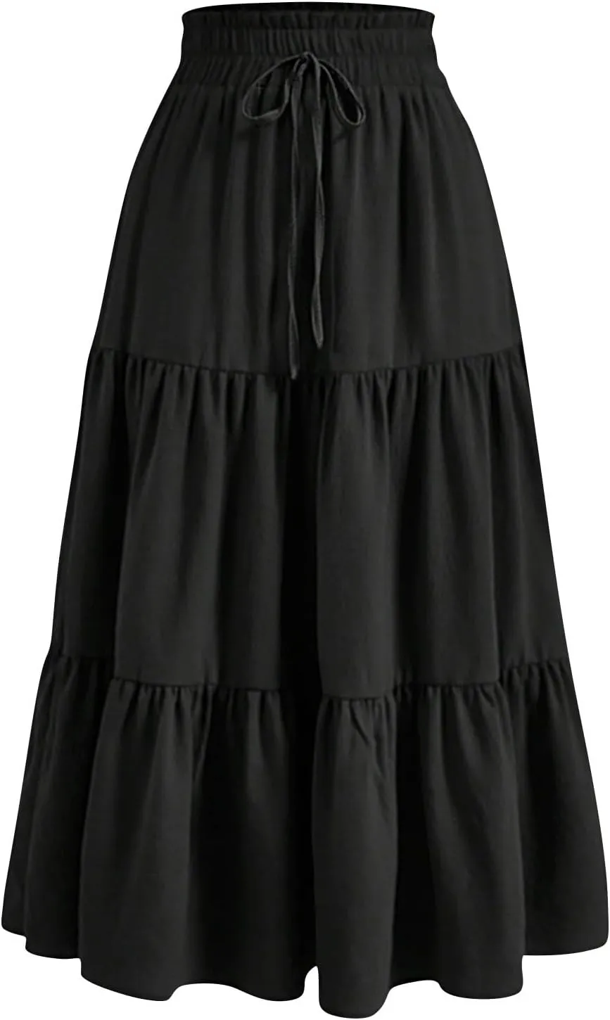 Tiered Maxi Skirts for Women Comfy Long Skorts Elastic High Waisted Ruffle Hem Flowy Swing Summer Cover Ups
