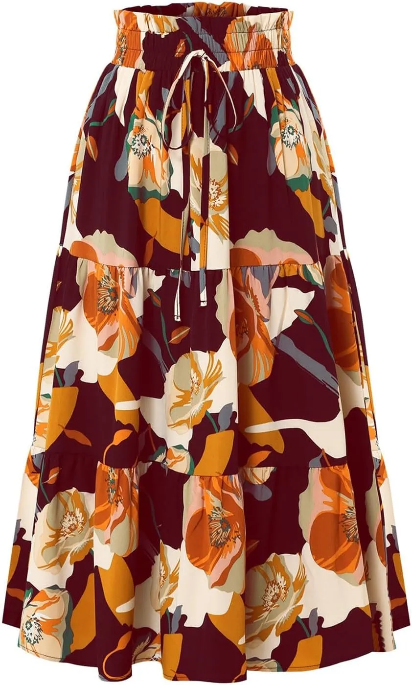 Tiered Maxi Skirts for Women Comfy Ruffle Hem Flowy Swing Elastic High Waisted Summer Cover Ups Long Skorts
