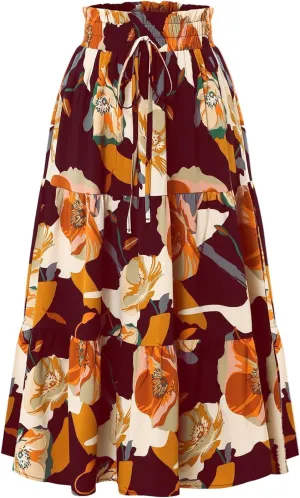Tiered Maxi Skirts for Women Comfy Ruffle Hem Flowy Swing Elastic High Waisted Summer Cover Ups Long Skorts