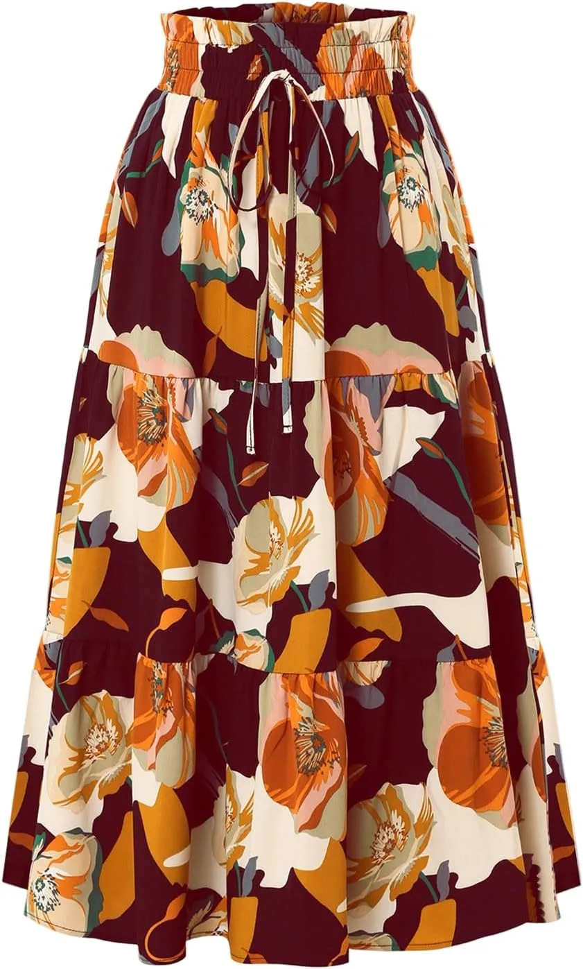 Tiered Maxi Skirts for Women Comfy Ruffle Hem Flowy Swing Elastic High Waisted Summer Cover Ups Long Skorts