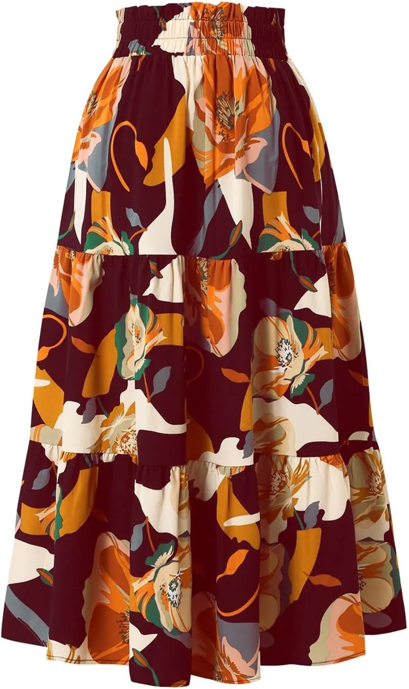 Tiered Maxi Skirts for Women Comfy Ruffle Hem Flowy Swing Elastic High Waisted Summer Cover Ups Long Skorts