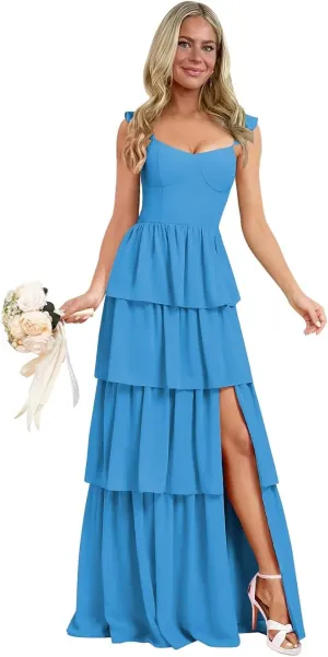 Tiered Ruffle Bridesmaid Dresses for Women 2025 Long Chiffon Formal Evening Dress with Slit