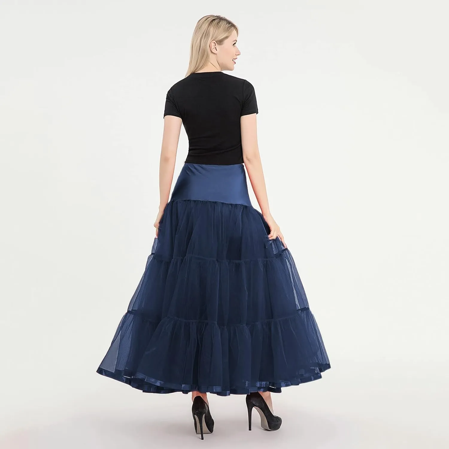 Tulle Skirts for Women Double-Layered Tutu Elastic Waist Floral Print Mesh High Low Asymmetrical A-Line Midi Skirt