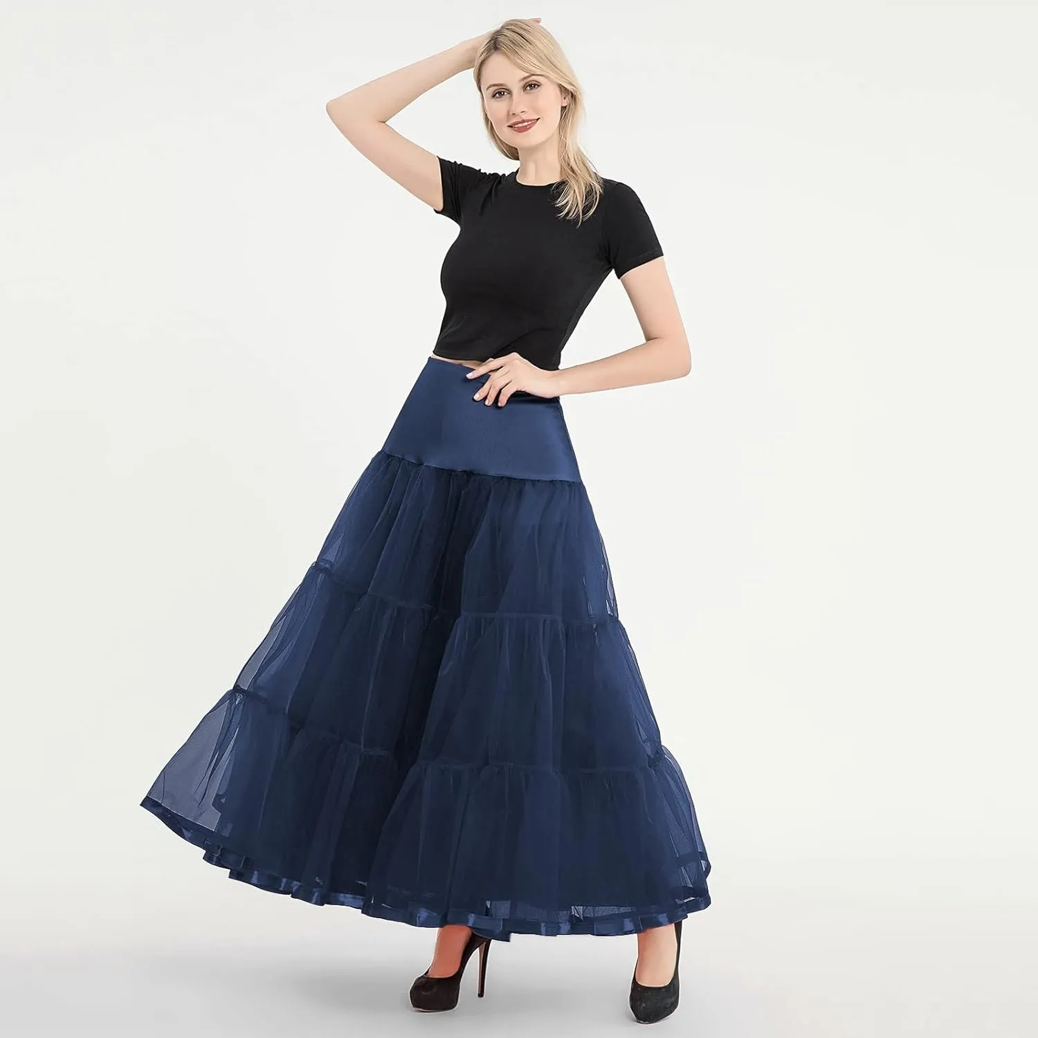 Tulle Skirts for Women Double-Layered Tutu Elastic Waist Floral Print Mesh High Low Asymmetrical A-Line Midi Skirt