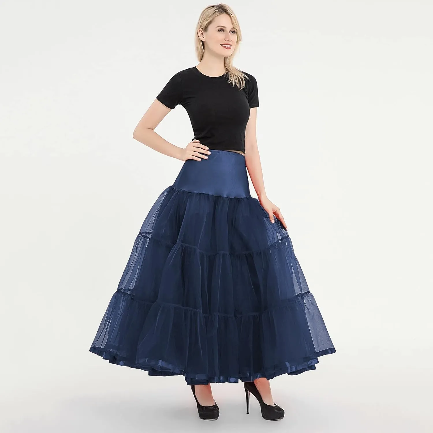 Tulle Skirts for Women Double-Layered Tutu Elastic Waist Floral Print Mesh High Low Asymmetrical A-Line Midi Skirt