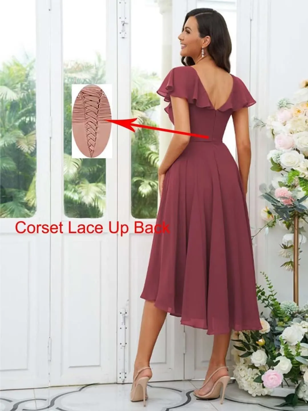 V Neck Short Bridesmaid Dresses for Wedding with Sleeves Ruffle Chiffon Formal Evening Party Dress