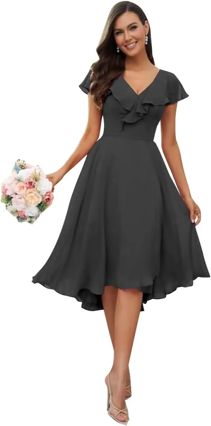V Neck Short Bridesmaid Dresses for Wedding with Sleeves Ruffle Chiffon Formal Evening Party Dress