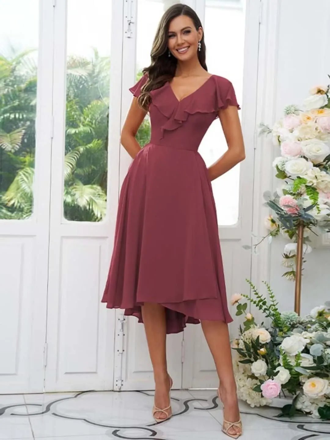 V Neck Short Bridesmaid Dresses for Wedding with Sleeves Ruffle Chiffon Formal Evening Party Dress