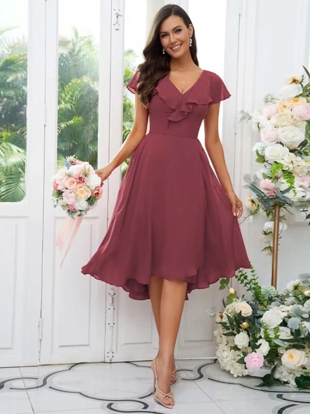 V Neck Short Bridesmaid Dresses for Wedding with Sleeves Ruffle Chiffon Formal Evening Party Dress