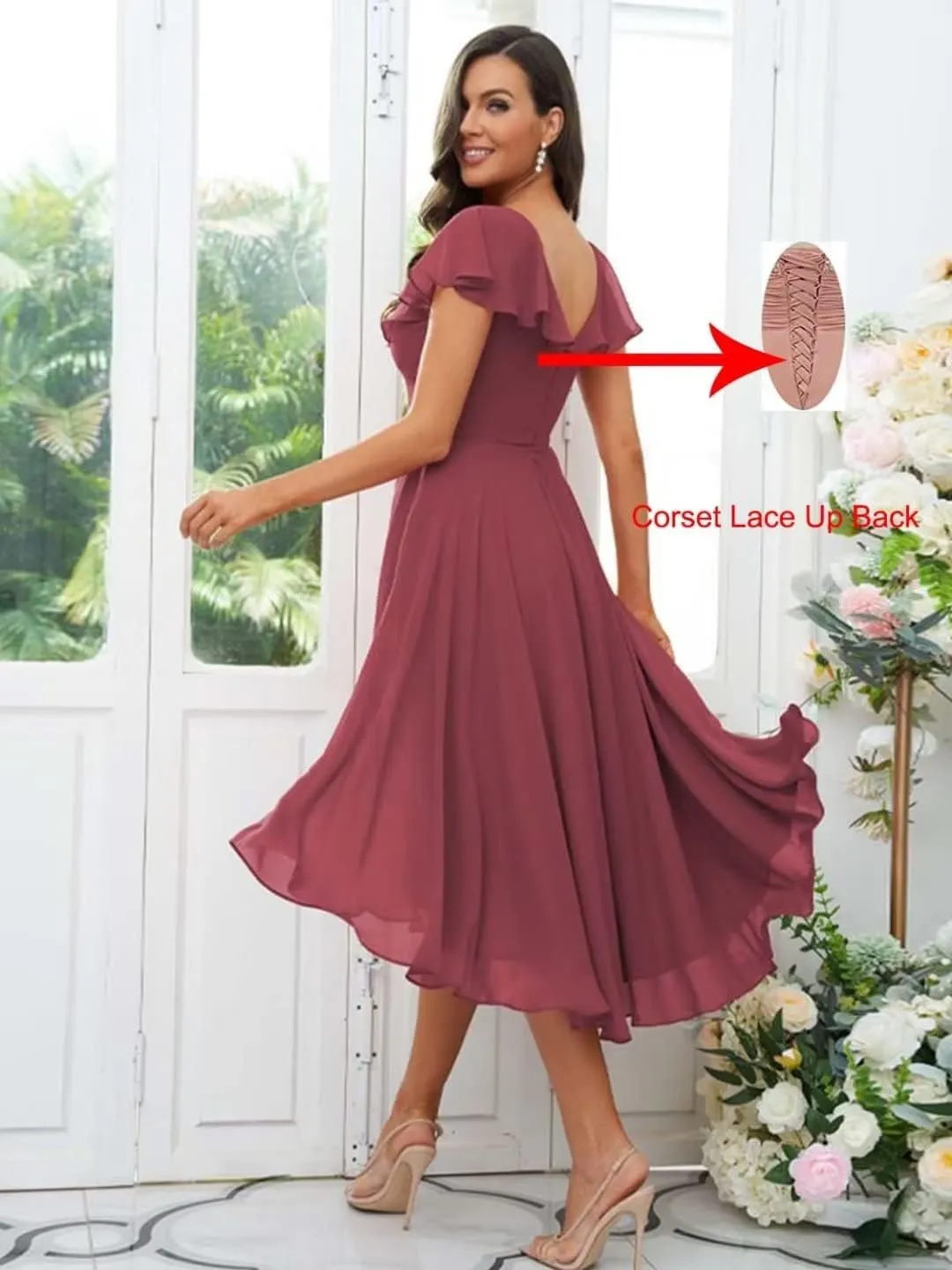 V Neck Short Bridesmaid Dresses for Wedding with Sleeves Ruffle Chiffon Formal Evening Party Dress