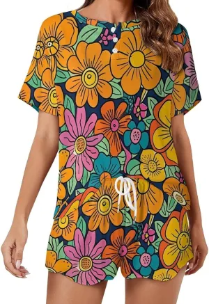 Vintage Colorful Floral Pajamas for Women Set Button Down Loungewear Short Sleeve Pjs Lounge Set Soft Comfy 2 Piece