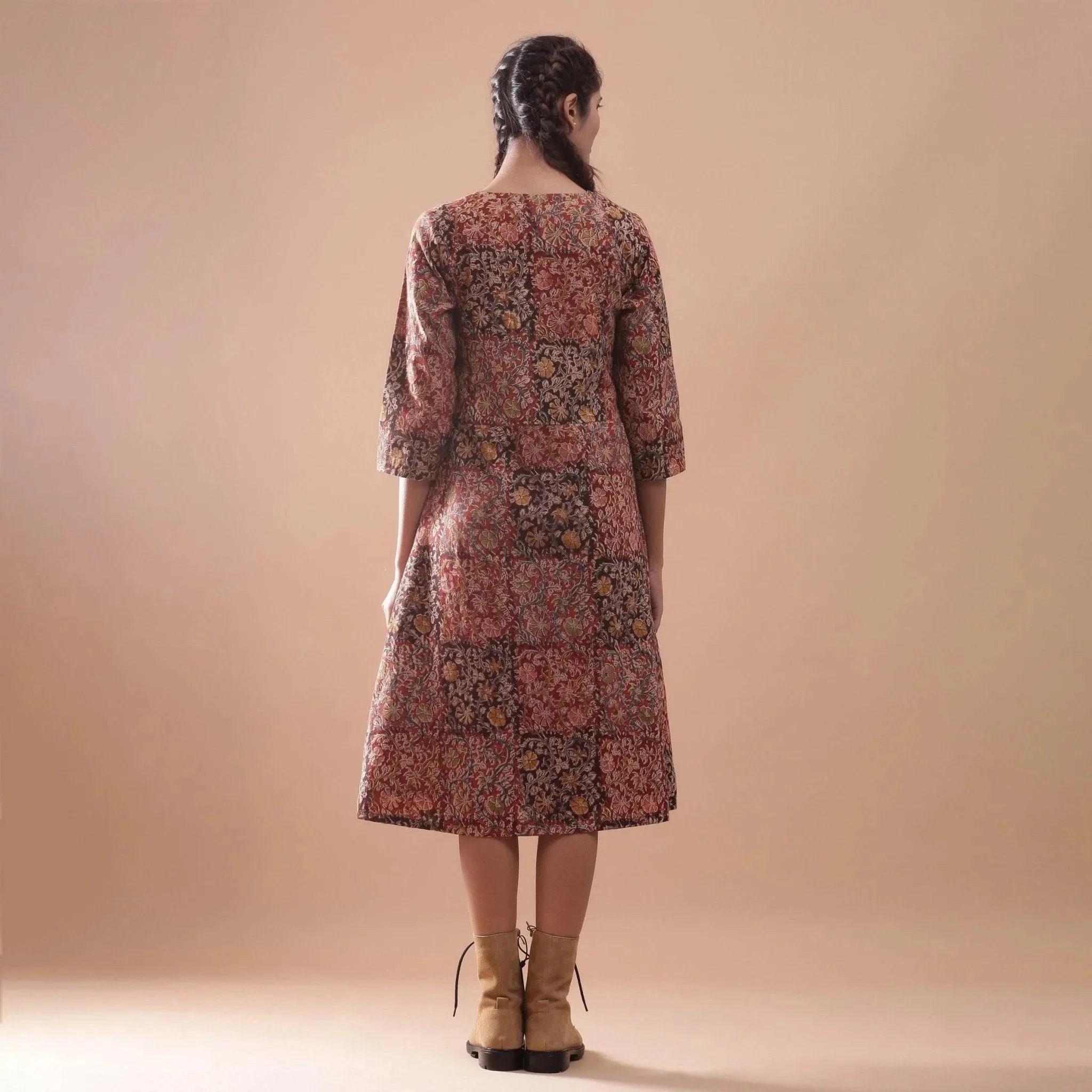 Warm Block Printed Muddy Red Cotton Midi Dress